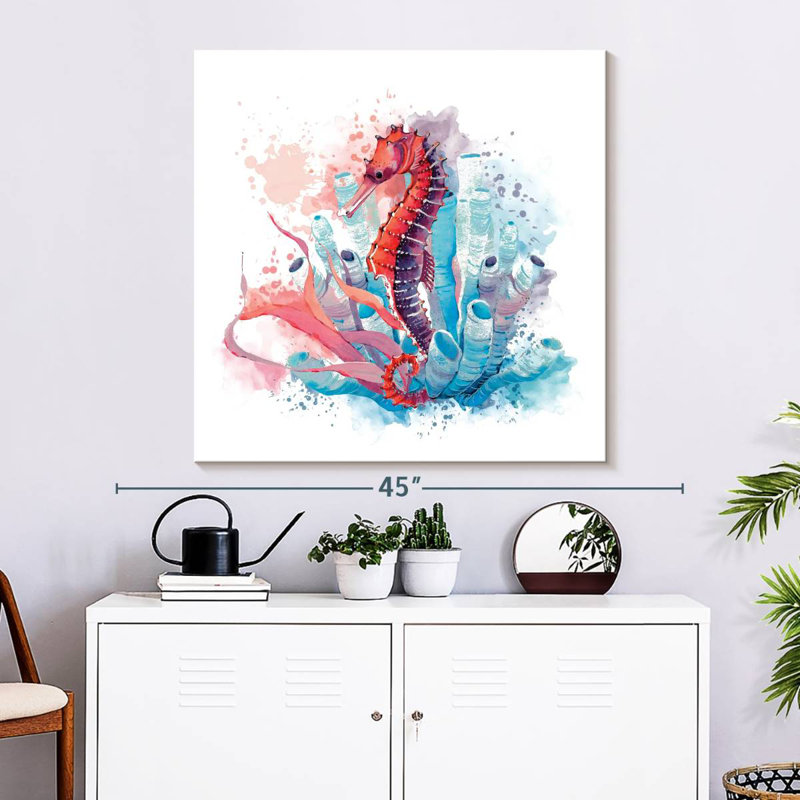 Hippocampe Crowle et éclaboussures de corail, H 33 po x l 33 po