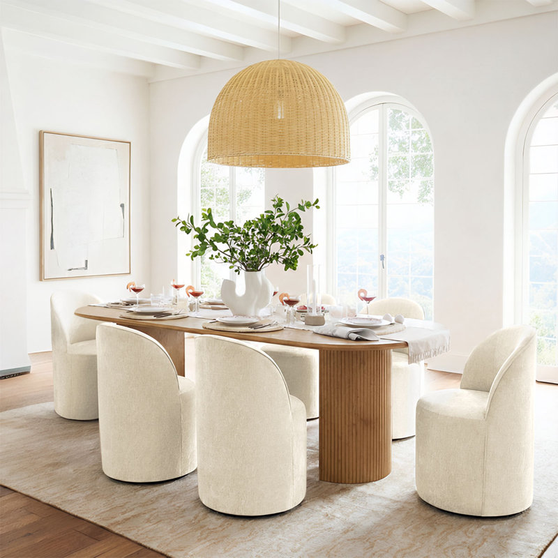  6 - Person Dining Table Sets With Oval Table & 6 Upholstered Chairs, Beige, Oak