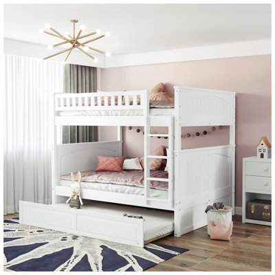 Full Over Full Bunk Bed with Twin Size Trundle, Pine Wood Bunk Bed with Guardrails, White (Old SKU:LT000044AAK)