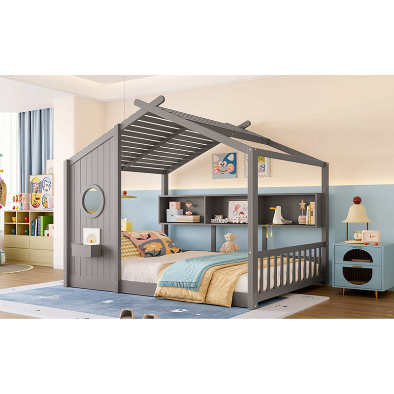 Lit double pleine grandeur pour enfant, lit Montessori pour enfants avec tablette de rangement