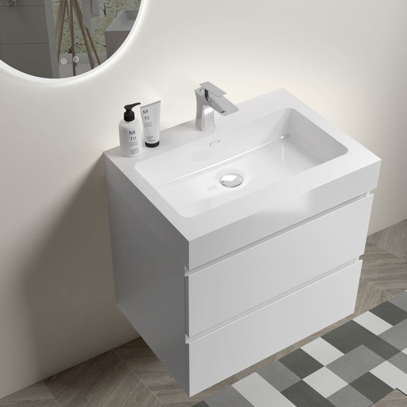 Lavabo intégré contemporain à surface solide en blanc brillant - Ajoute du luxe au drain et au robinet de salle de bain non fournis avec un look moderne et inclus
