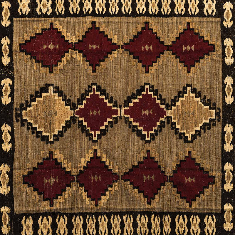 Tapis en laine / polyester tissé à la machine Bennye en rouge / noir / beige, Carré 7 pi