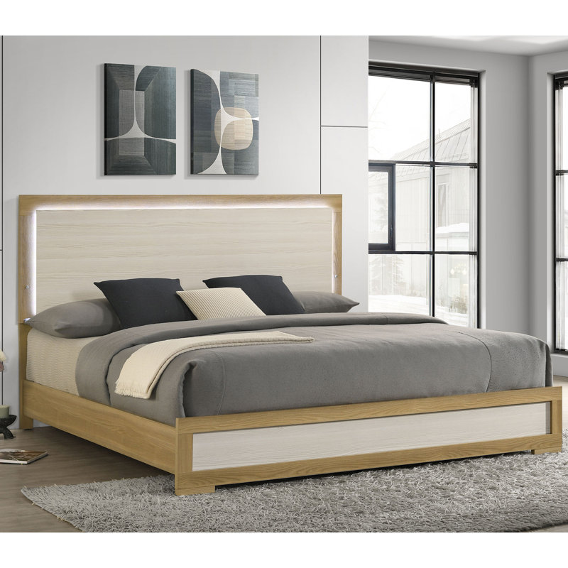 Cadre de lit très grand Boone avec tête de lit à DEL - Finition en bois naturel et blanc avec un design moderne à profil mince