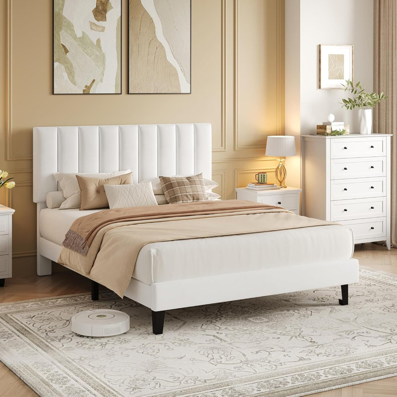 Upholstered Platform Bed with Velvet and Striped Headboard, Full Size/White
