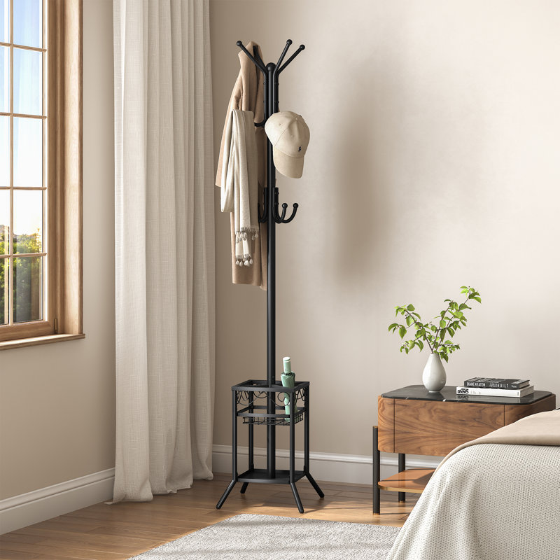 12-Hook Freestanding Metal Coat Rack with Shelves, Black