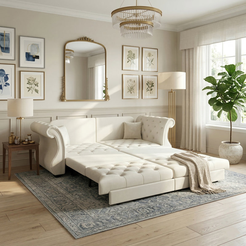 Grand canapé-lit Chesterfield de 84 po, H 34,6 po x l 84 po x P 33 po, Blanc / beige