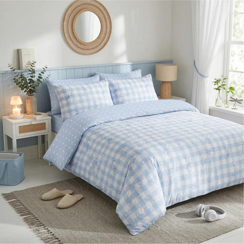 Ensemble d'édredon à carreaux bleu clair et blanc à motif de nœuds, Édredon grand + 2 taies d'oreiller standard