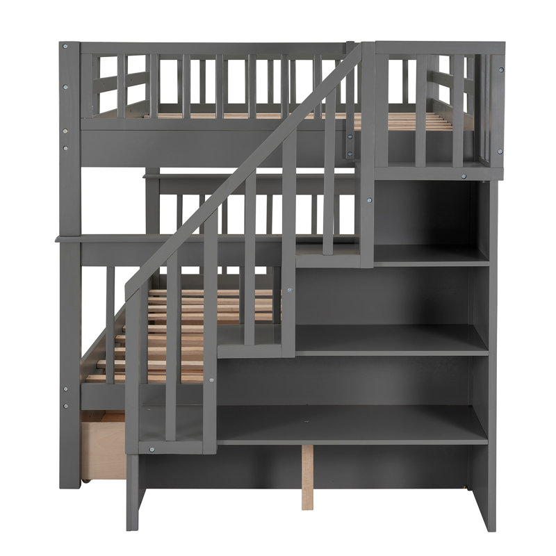 Lit superposé avec tiroir, rangement et garde-corps pour la chambre à coucher, Gris foncé