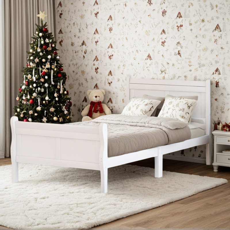 Bed Frame With Headboard And Footboard, Solid Wood Platform Bed Frame With Wooden Slat Support, Sleigh Bed For Guest, Adult