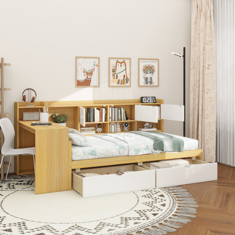 Wooden L-Shape Daybed With Seven Storage Cabinets And Two Storage Drawers, Multi-Functional Bed With Study Desk And Built-In Bookshelf