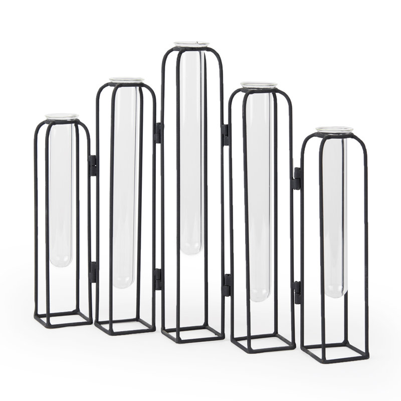 11" Black And Clear Glass And Metal Table Vase