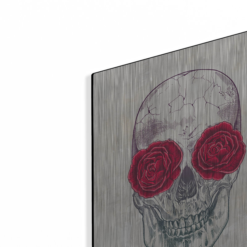 «Skull Roses», art mural en métal, H 16 po x l 12 po