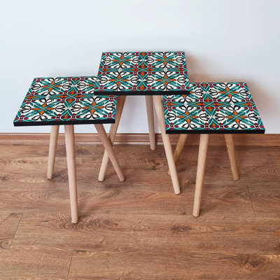 Elegant Nesting Table Set (3 Pieces), Ethnic Geometric Design, 100% MDF with Beech Wood Legs | Large Table: 13.8 x 20.5 x 13.8 in, Medium Table: 13.8 x 18.5 x 13.8 in, Small Table: 13.8 x 16.5 x 13.8 in | Stylish & Functional for Living Room & Office