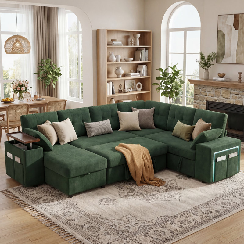 7-Seater Large Sectional Sofa Bed With Storage Ottoman & Lovescat, Chenille Modular Sleeper Sofa Set With 2 Pillows, 112" U-Shaped Convertible Couch For Living Room