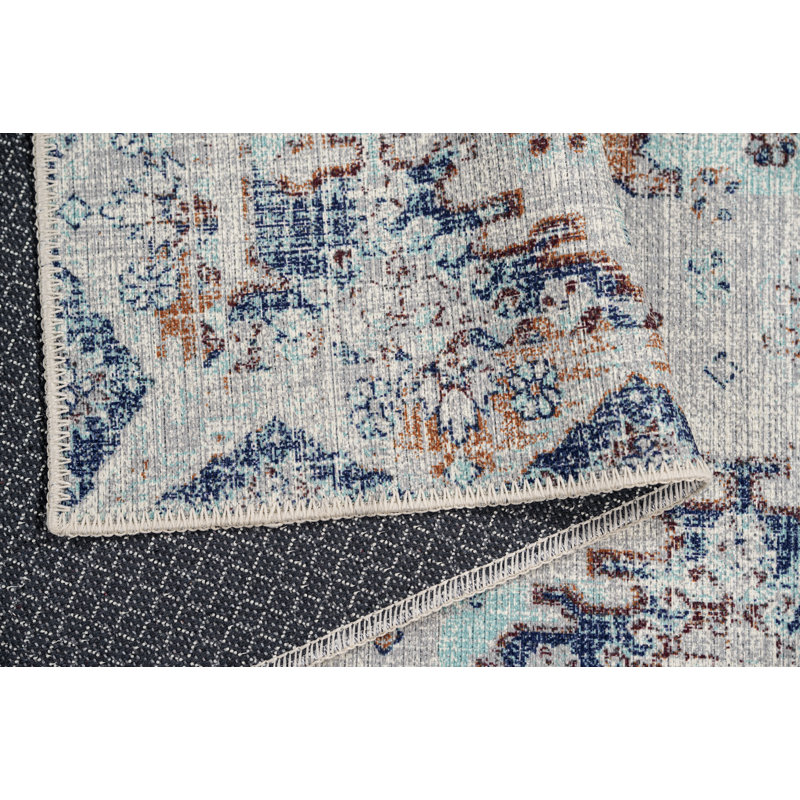 Adiva Blue and Beige Machine Made Runner Rug 2' x 13'