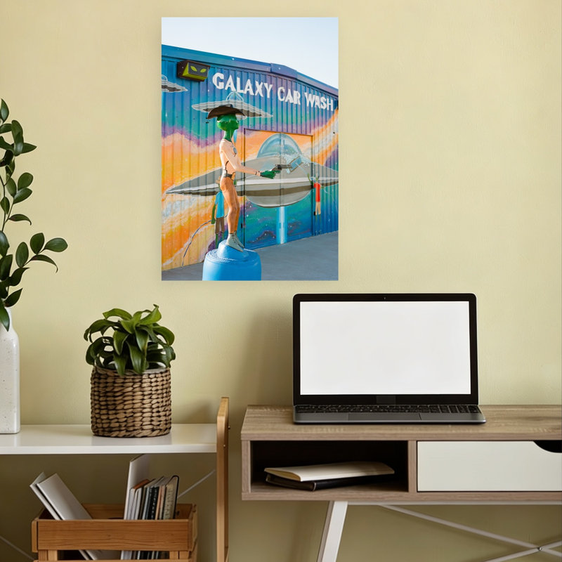 Space Cowboy Car Wash Colorful Vibrant Whimsical Architecture Wall Art Print by Bethany Young - Wrapped Canvas Print