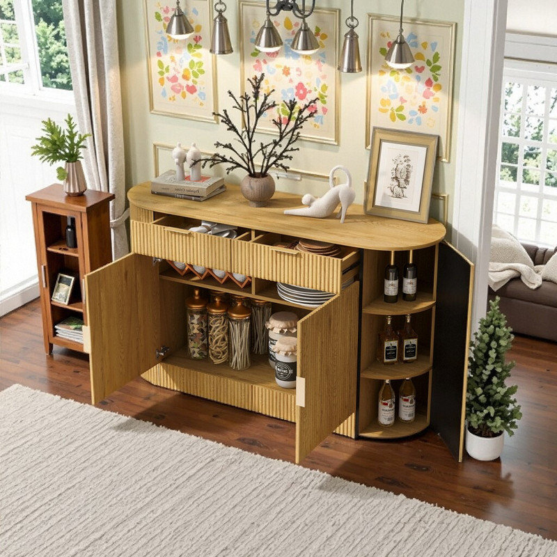 Buffet Sideboard 2 Door & 2 Drawer MDF With Stripe Texture & Aluminum Handles Curved Side Doors 3 Fixed Shelves, Brown