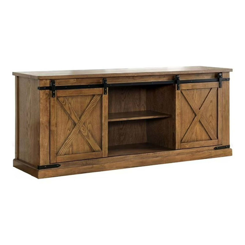 Base de console de style rustique avec portes coulissantes décoratives en métal et plusieurs tablettes de rangement ouvertes aux portes en X