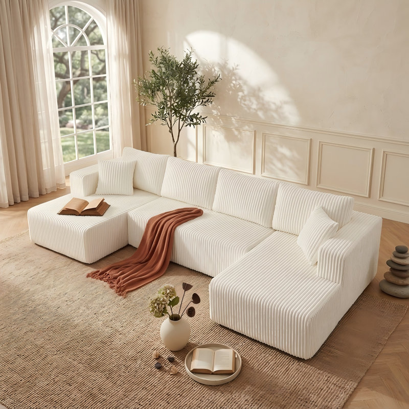 Canapé modulaire en velours côtelé 132 po, White Corduroy