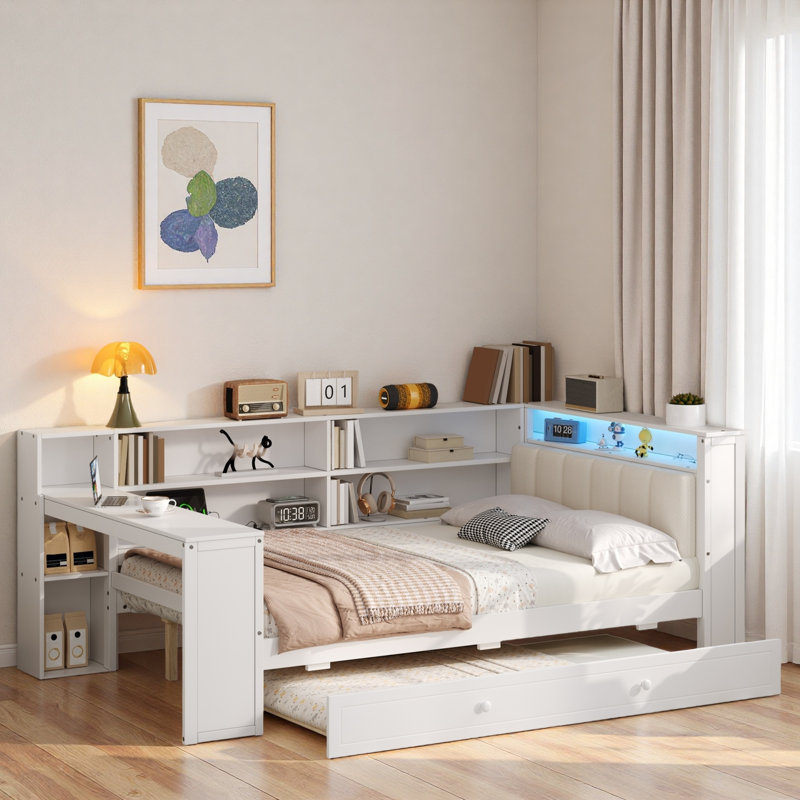 Wood Platform Bed With Storage Shelves, Trundle, Charging Station, Led, Desk And Upholstered Headboard, White