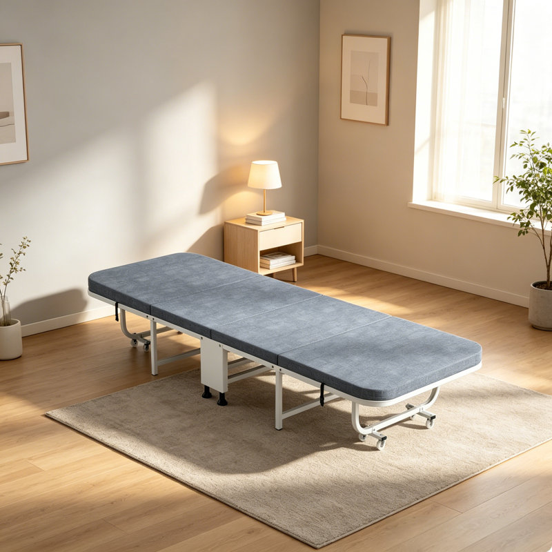 Lit escamotable à 4 sections avec matelas, lit d'invité portable avec roulettes pivotantes verrouillables, Simple très long
