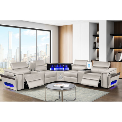 Canapé modulaire moderne en forme de L gris avec 2 consoles de lecture + réfrigérateur, coin, bar à DEL, 4 sièges, siège mi-ferme, robuste, accoudoirs carrés, revêtement en similicuir, structure en bois, recharge sans fil,