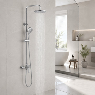 Wall Mounted 2-Function Exposed Shower System with 10 in. Round ABS Rain Shower Head, 3-Spray Handheld Shower and Slide Bar