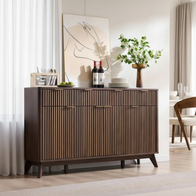 This Dark Walnut Wood Sideboard Features A Recessed Design, 3 Drawers, And 4 Doors, Functioning As A Coffee Bar/Wine Cabinet And Suitable For Dining R