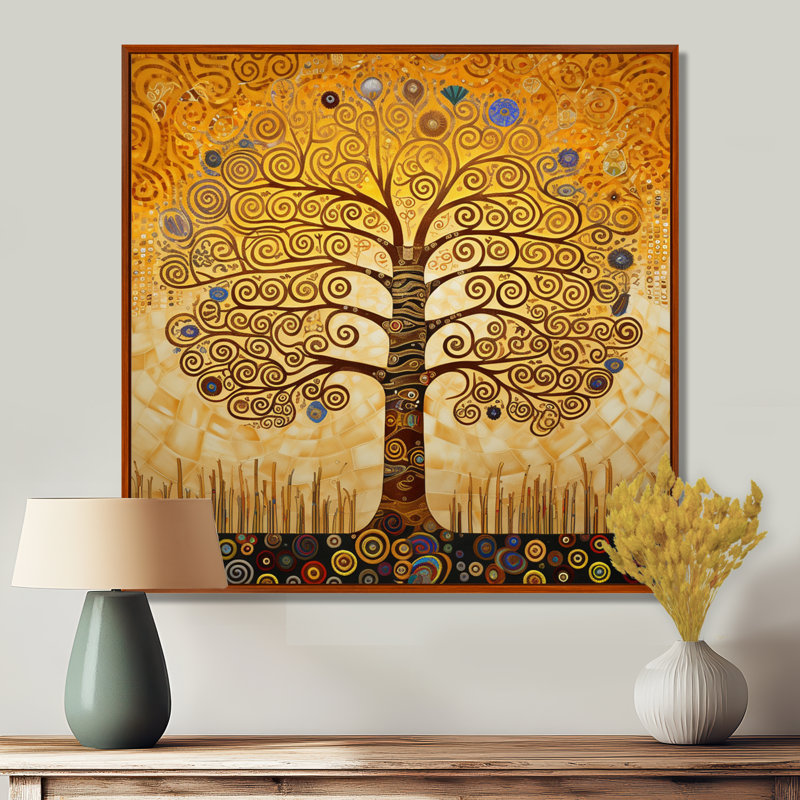 Art nouveau, arbre en spirale jaune - art mural arbre, H 16 po x l 16 po, Cadre flottant brun, bois massif