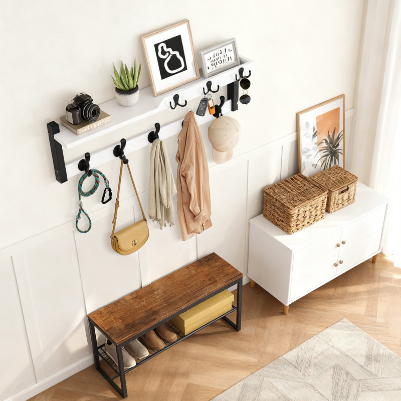 Portemanteau mural 4-en-1 avec tablette, organisateur de vestibule avec crochets à manteau, porte-clés et organisateur de courrier, cintre mural peu encombrant pour vestibule