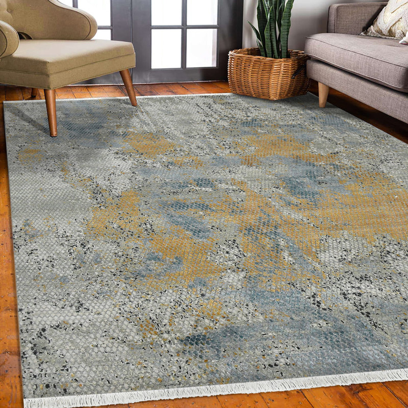 Annastaziah Abstract Handmade Hand-Knotted Indoor Use Only Area Rug in Gray/Blue/Yellow, Rectangle 2' x 3'