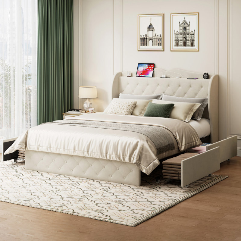 48.4'' Upholstered Bed Frame with 4 Drawers, Bed with Storage Headboard and Charging Station
