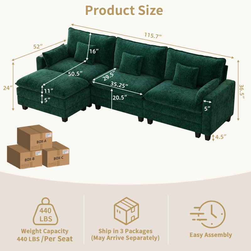 Canapé modulaire modulaire avec repose-pieds / module de chargement intelligent / coussin décoratif (vert), Chenille verte