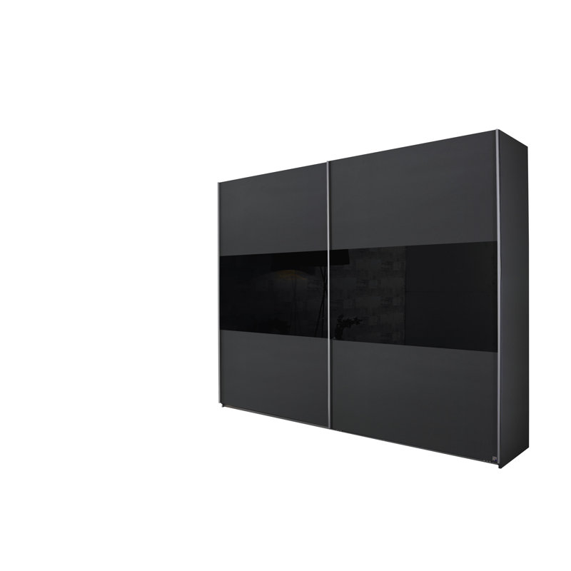 Loriga 2 Sliding Door Wardrobe front with Black Glass INCL. Delivery and Assembly, 210cm H x 261cm W x 59cm D, Grey Metallic