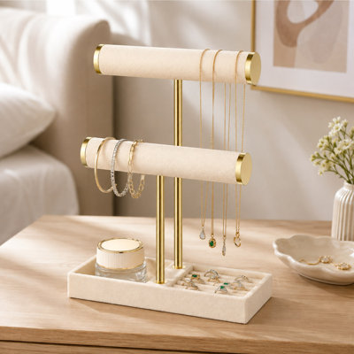 Organisateur de support à bijoux à 2 niveaux avec plateau à bagues, boîte à bijoux avec porte-velours