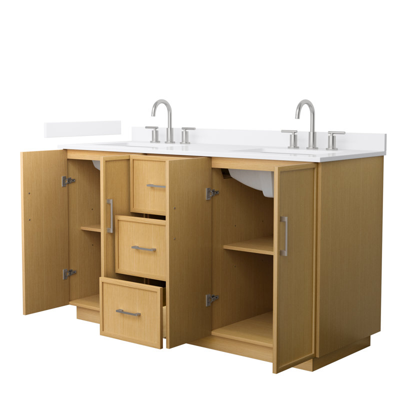 Elan TK 60" Freestanding Double Bathroom Vanity with Quartz Top, Brushed Nickel, White Quartz, Beige