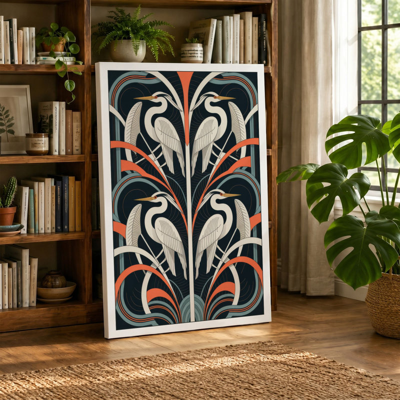 Mirrored Herons in Pattern Art Deco - Wrapped Canvas, 36x24 - 91.4 x 61.0 cm, Taupe Border