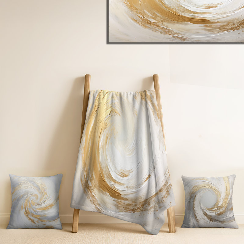 Ensemble de couvertures et de coussins dorés et blancs Soft Wave Vortex I - Abstract Spirals