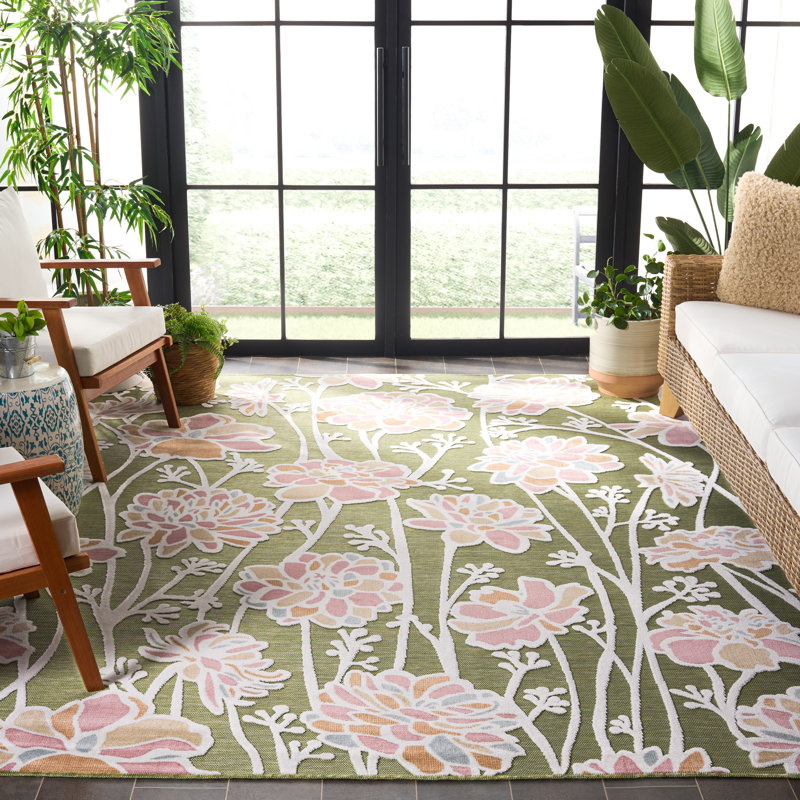 Mattalyn Floral Green/Pink Indoor / Outdoor Area Indoor/Outdoor Area Rug, Rectangle 8' x 10'