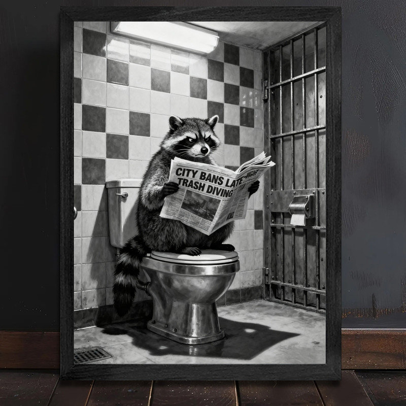 Art mural noir, lecture de journal de lecture de raton laveur sur toilette, impression de cadre de salle de bain humoristique