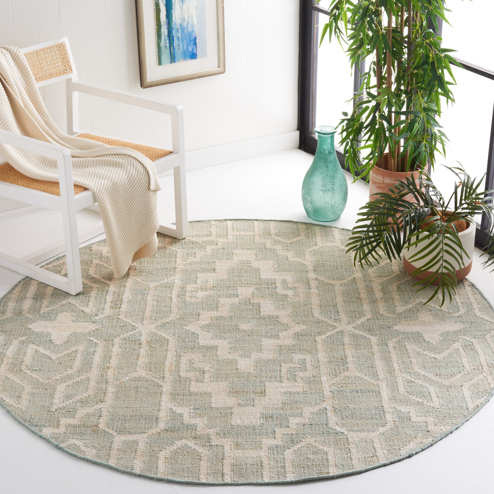 Ponce Light Blue Green Ivory Oriental Jute Rug, Round 6'