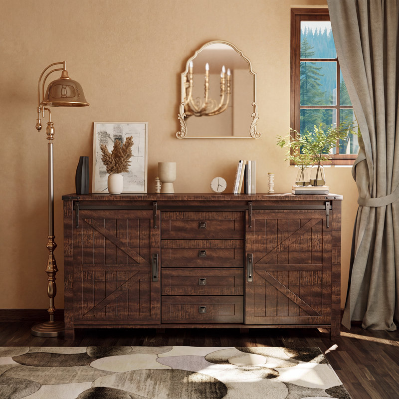 Commodes de style campagnard 60 po avec 4 tiroirs et 2 armoires, Brun