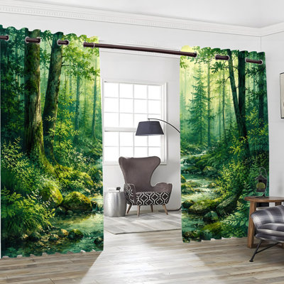 2Pcs Rideaux occultant à imprimé paysage de rivière, rideaux isolants et isolants, luxueux et silencieux