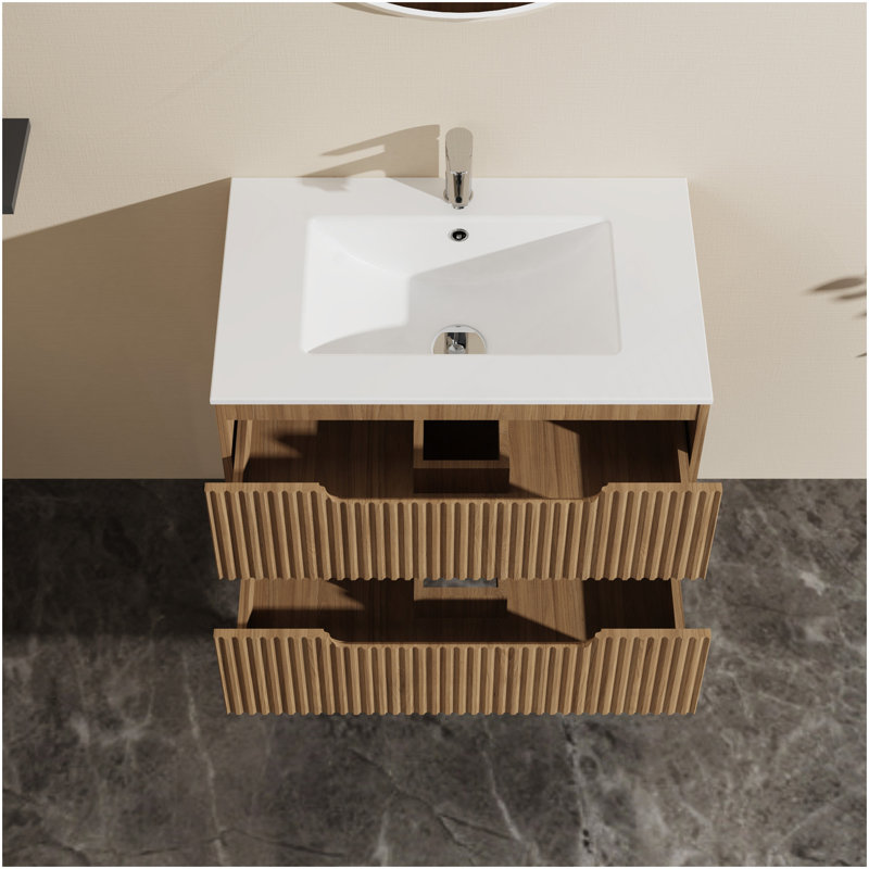 Meuble-lavabo mural 30 po avec évier flottant, système de fermeture en douceur, 2 très grands tiroirs, noyer, lavabo non inclus
