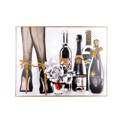 Sparkles Home Champagne & Heels 3D Rhinestone Canvas Wall Art | Metallic Black Floater Frame