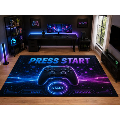 "Ultra Light Weight" Large 6'7" x 9'10" Press Start Gaming Controller Area Rug for Kids Room, Soft Low Pile Indoor Rug and Non-Slip Silicone Backing, Black