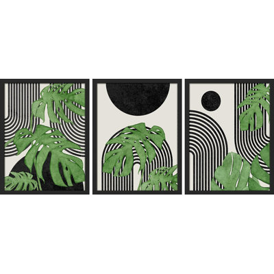 Cadre Mid Mid Century Boho IDÉE4WALL, art mural feuille de Monstera géométrique, ensemble de 3 illustrations de nature sauvage, impression murale minimaliste pour salon, chambre à coucher, 3 pièces