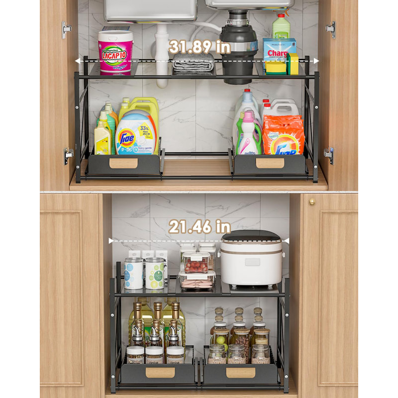 Extendable Under Sink Organizer, 2 Tier Expandable Under Cabinet Organizer Shelf With Height Adjustable, Retractable Under Sink Organizer And Storage, Black