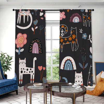 2Pcs Cartoon Cat Pattern Curtains, Black Background Rainbow Flower Print, Rod Pocket Window Drapes, Bohemian Style, Living Room Bedroom Study Decor