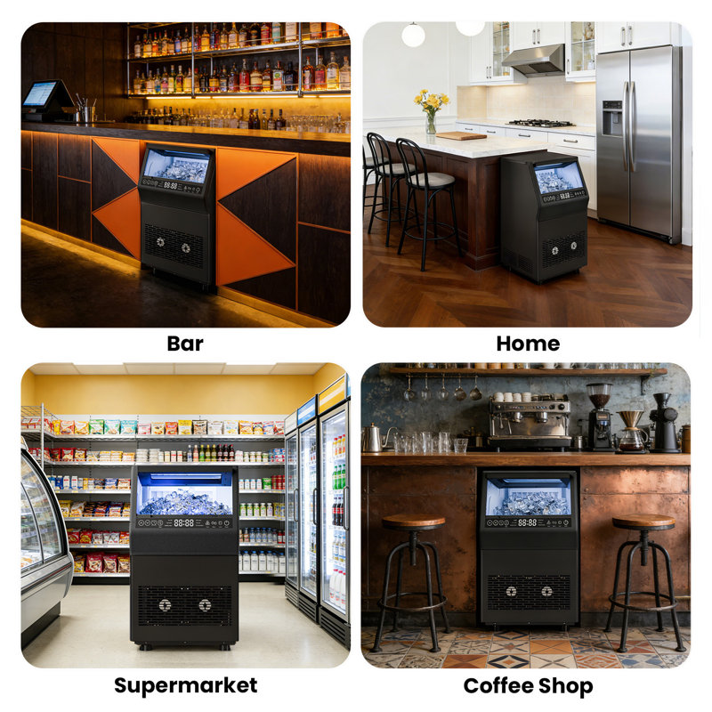 Machine à glaçons autoportante et autonettoyante en acier inoxydable noir de 15,75 po avec auto-nettoyage et double entrée d'eau pour la cuisine à domicile IUDommy 80 LBS / Day